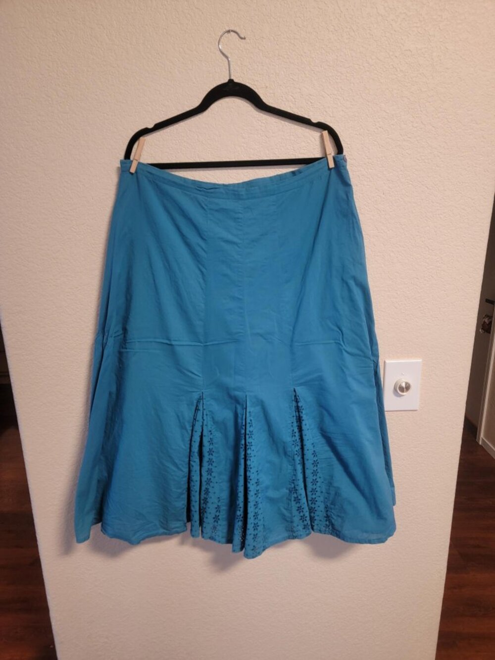 Vintage Choices Teal Cotton Midi Skirt Floral Eyelet Inset Pleated Prairie